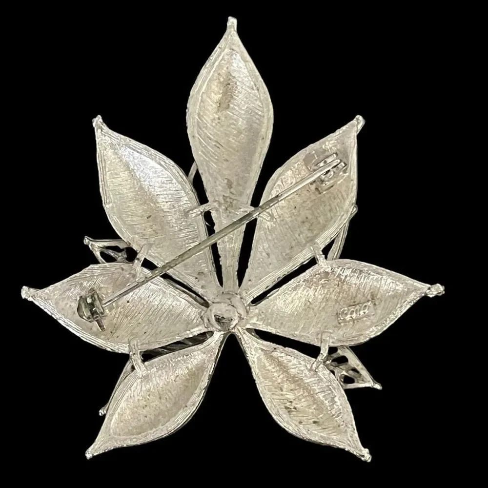 Signed Coro Vintage Double Stacked Silver Tone Leaf Brooch Pin Open Work Brushed